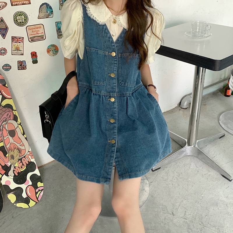 Đầm Denim Sát Nách Cổ Chữ V Dáng Chữ A Phong Cách Retro Mới 44819