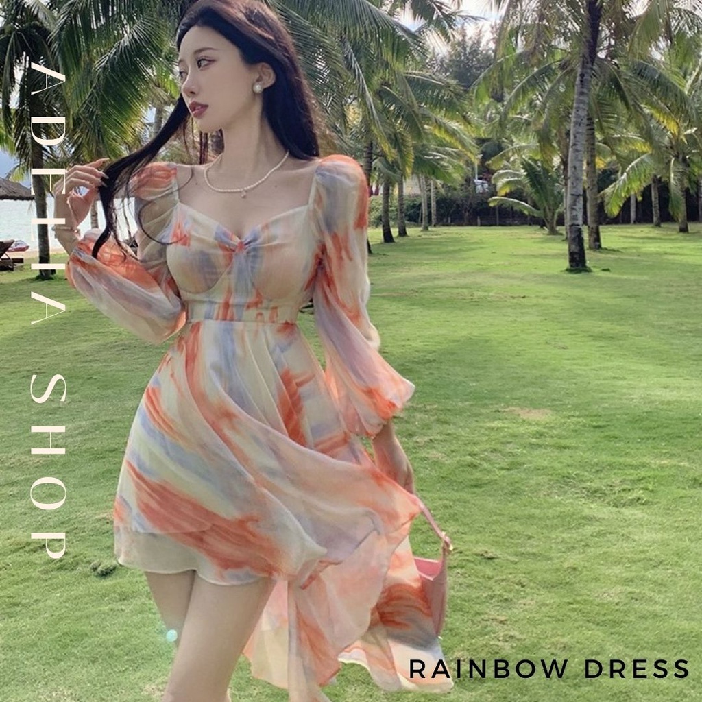 𝑹𝒂𝒊𝒏𝒃𝒐𝒘 𝑫𝒓𝒆𝒔𝒔 | Đầm Maxi Đi Biển Dáng Ngắn Hở Lưng Cổ Vuông Tay Phồng Màu Cầu Vồng Chất Voan 2 Lớp Quảng Châu