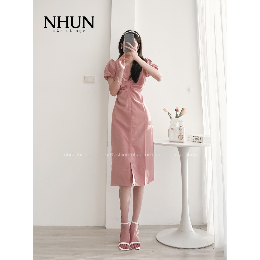 Váy thiết kế dáng dài cao cấp NhunFashion Đầm dự tiệc chất đũi tay nhúm bồng cực xinh phong cách nhẹ nhàng nữ tính N16