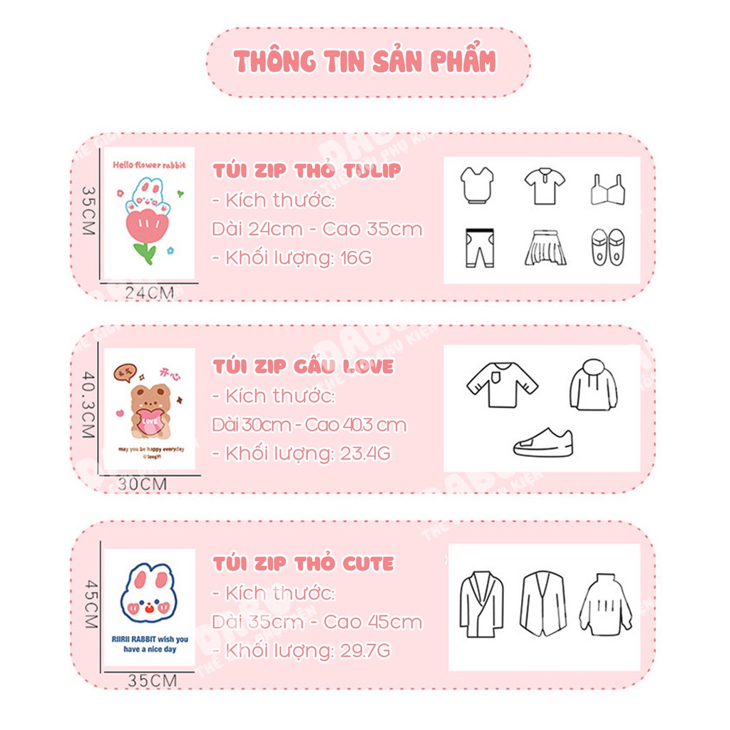 Túi zip khóa lụa đựng quần áo DABU hình dễ thương 3 size