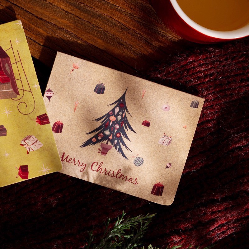 Thiệp Xmas cao cấp họa tiết Vintage kèm tem dán nhũ