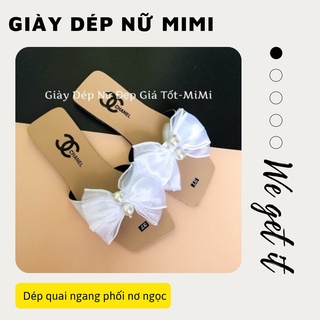 Dép lê nữ đế bệt, dép quai ngang phối nơ ngọc hottrend 2022 có 2 màu đen, trắng MiMi