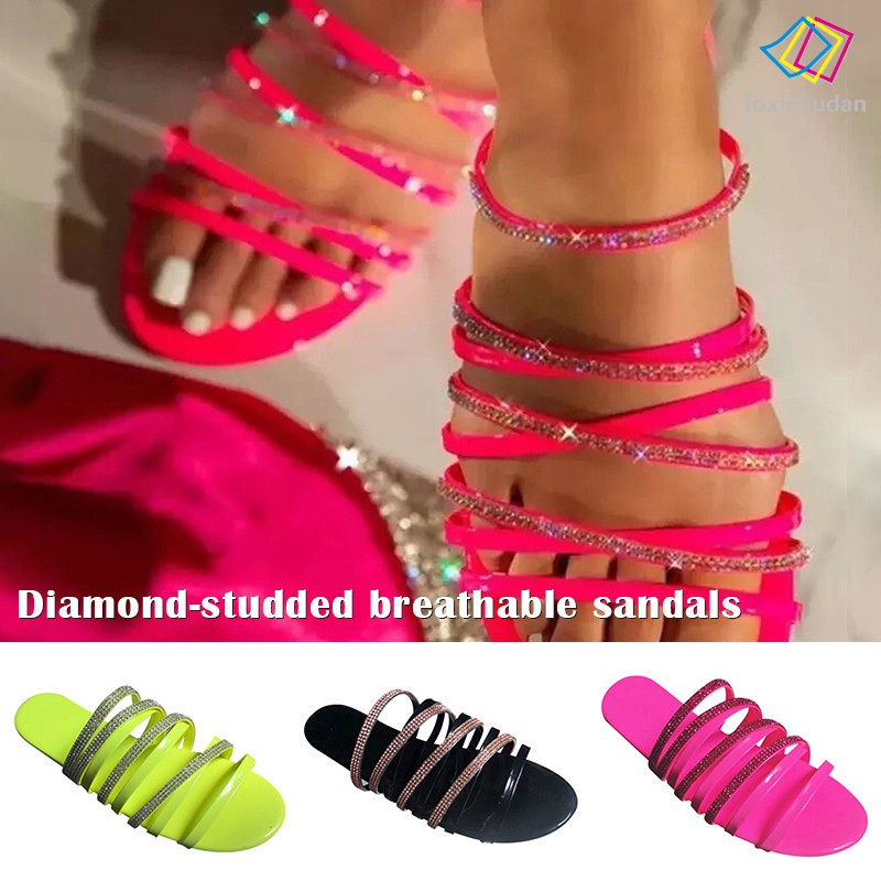 Dép Sandal Nữ Đế Bệt Đính Đá Lấp Lánh