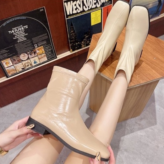 Giày Boots Nữ Ulzzang Vintage, Bốt Da PU Mềm Mũi Vuông Đế Cao 3cm Phong Cách Hàn Quốc, Street Style - Iclassy_Shoe