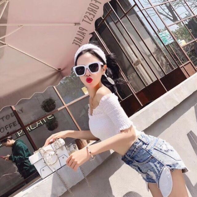 Áo trễ vai nhún đắp chéo , áo croptop trễ vai siêu xinh