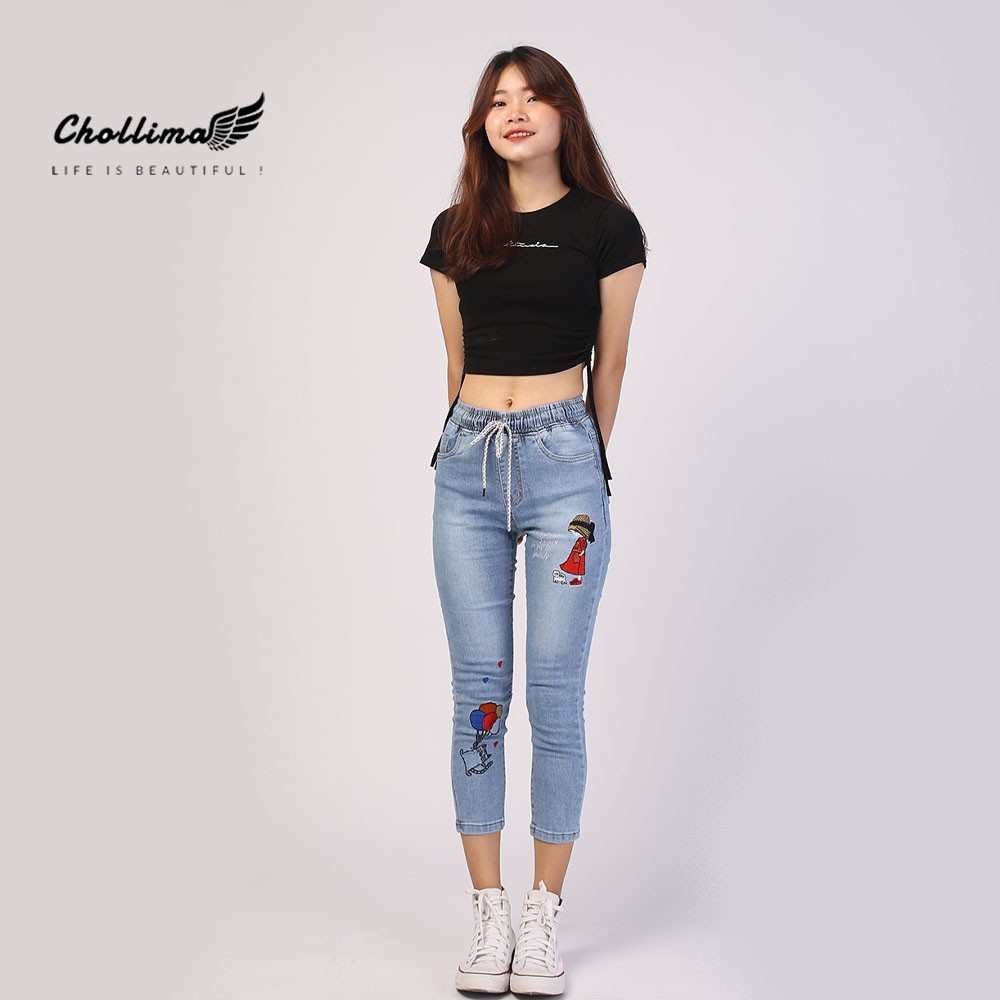 Quần jeans nữ lưng thun Chollima thêu cô gái QD021 - Quần bò 9 tấc lưng thun | BigBuy360 - bigbuy360.vn