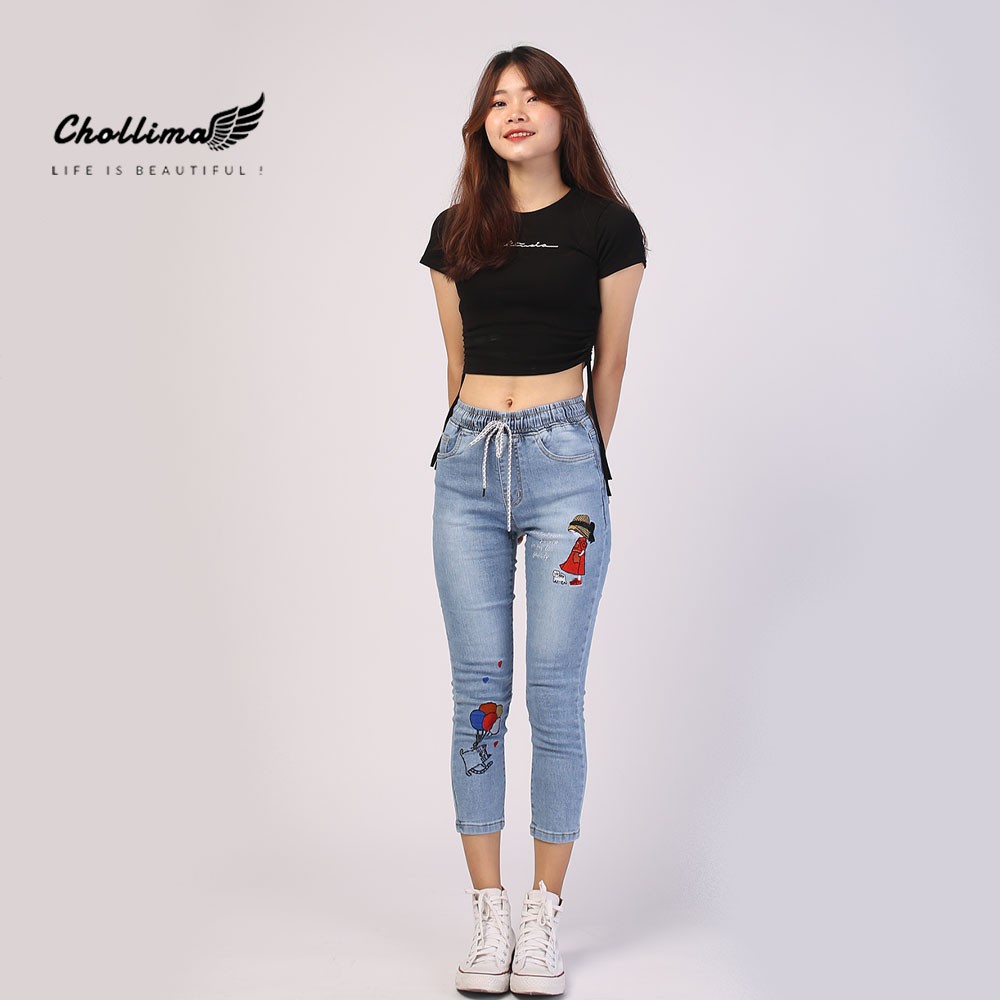 Quần jeans nữ lưng thun Chollima thêu cô gái QD021 - Quần bò 9 tấc lưng thun