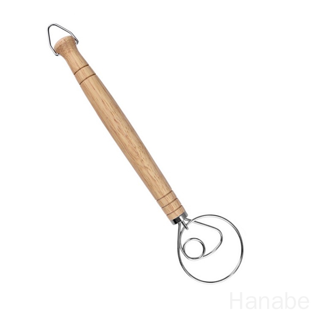 HB-Dough Whisk Wood Handle Stainless Steel Dough Beater Kitchen Baking Mixer Blender, Single Hole