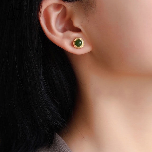 A7 S925 Sterling Silver Inlaid Gemstone Gilding Craft Jasper Stud Earrings