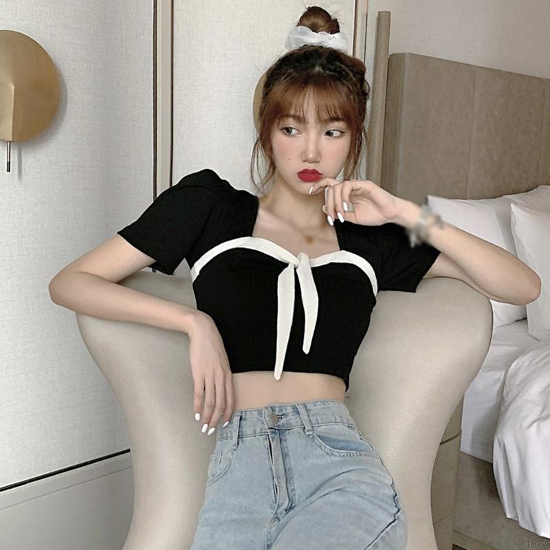 Áo Croptop Dệt Kim Tay Ngắn Cổ Vuông Hở Lưng Phối Nơ Thời Trang Mùa Hè Phong Cách Hàn Quốc Cổ Điển