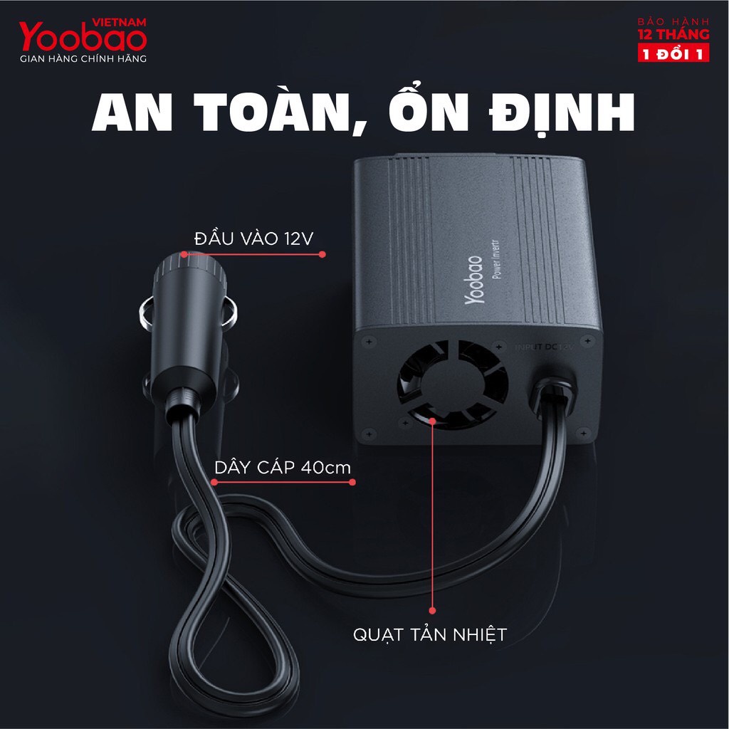 Bộ Chuyển Đổi Nguồn 12v lên 220v ô tô Yoobao 150W Chính Hãng - Biền Tần 12-220v cho xe hơi có 2 cổng ra USB.