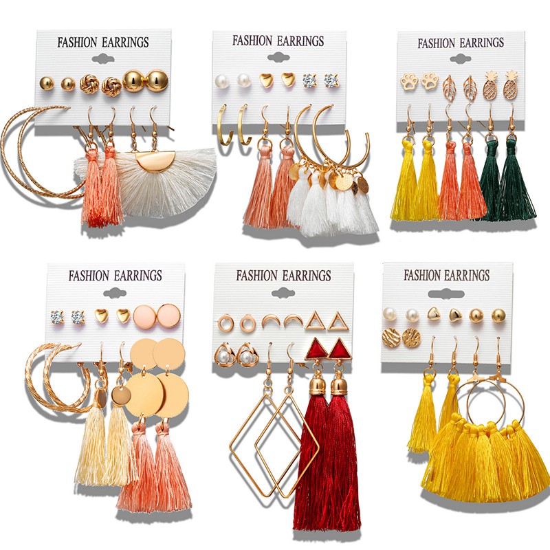 Set 6 đôi bông tai nữ nhiều kiểu dáng tua rua đính ngọc trai thời trang