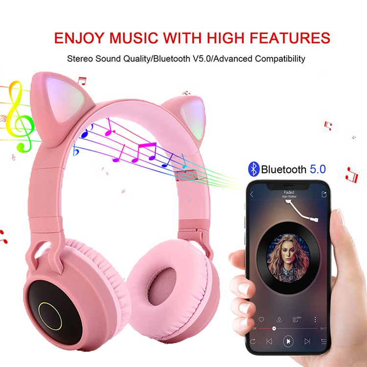 Tai nghe đèn LED không dây cho điện thoại di động Tai nghe Bluetooth 5.0 Tai nghe âm thanh nổi Tai nghe cho con gái Con gái PC Tai mèo