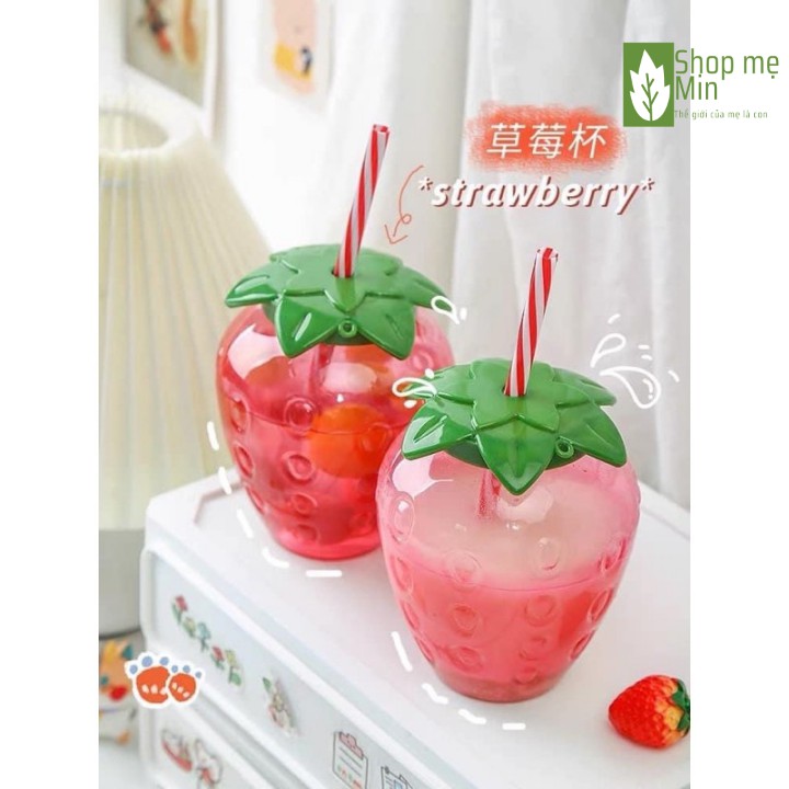 Cốc nước hình quả dâu tây kute, Ly dâu tây 500ml có ống hút và móc khóa trang trí hình dâu tây - MIN55 | BigBuy360 - bigbuy360.vn