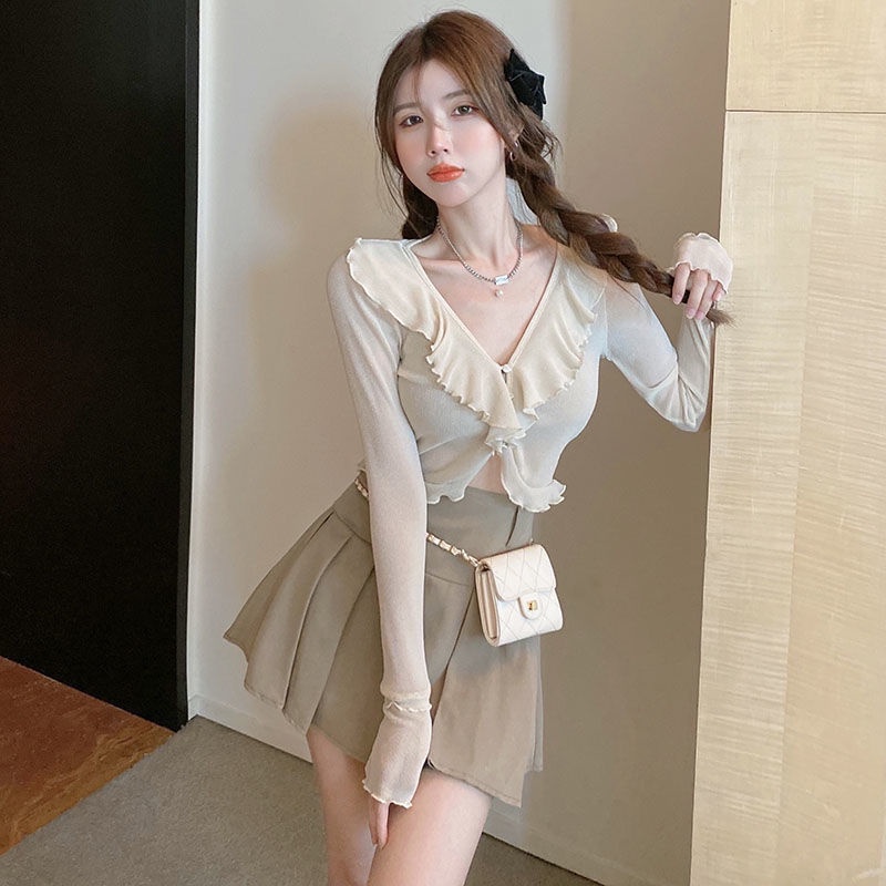 COZOKC COZOK Áo cardigan dệt kim COZOK tay dài phối bèo kiểu dáng thời trang