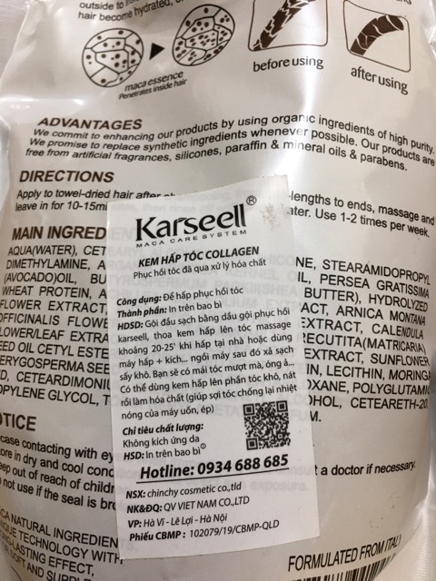 Kem hấp tóc Collagen Karsell túi 500ml chính hãng