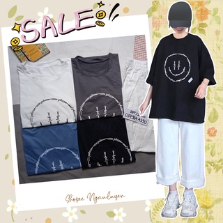 SQ012 Set áo thun đen quần mặt cười kaki ống rộng trắng, bộ áo phông cộc tay đen quần culottes suông Ulzzang cute