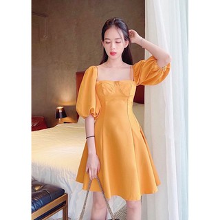 Đầm vàng cam tay lỡ phồng (kèm hình thật)