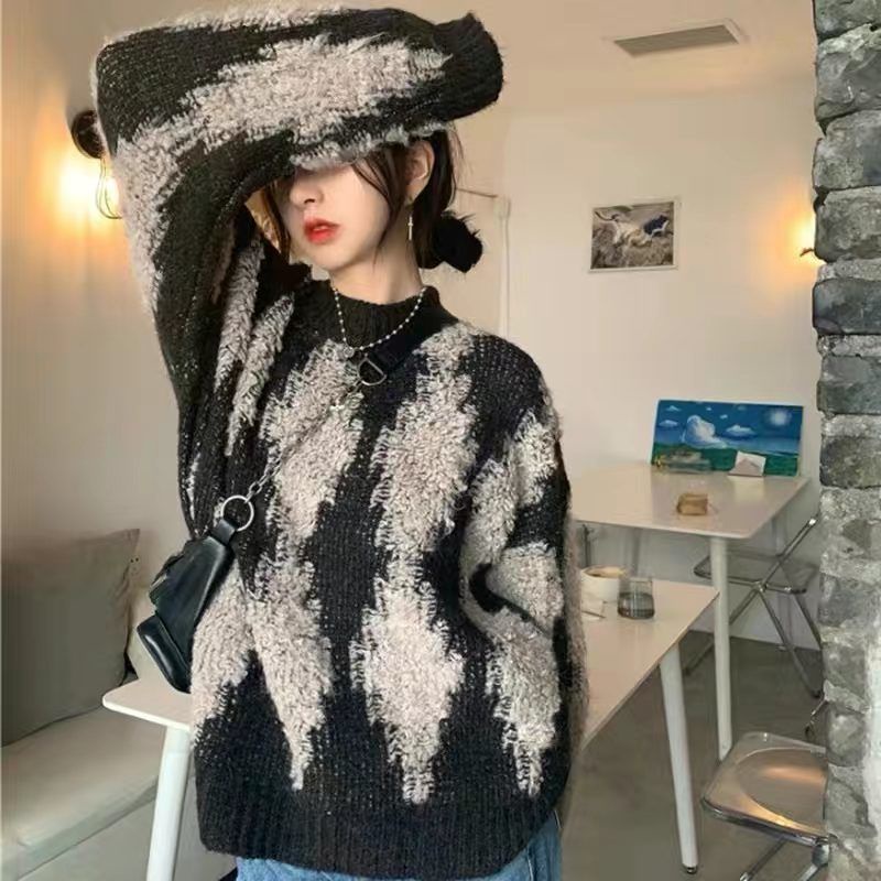 Áo Sweater Dáng Rộng Họa Tiết Sọc Caro Phong Cách Retro Nhật Bản Cho Nữ