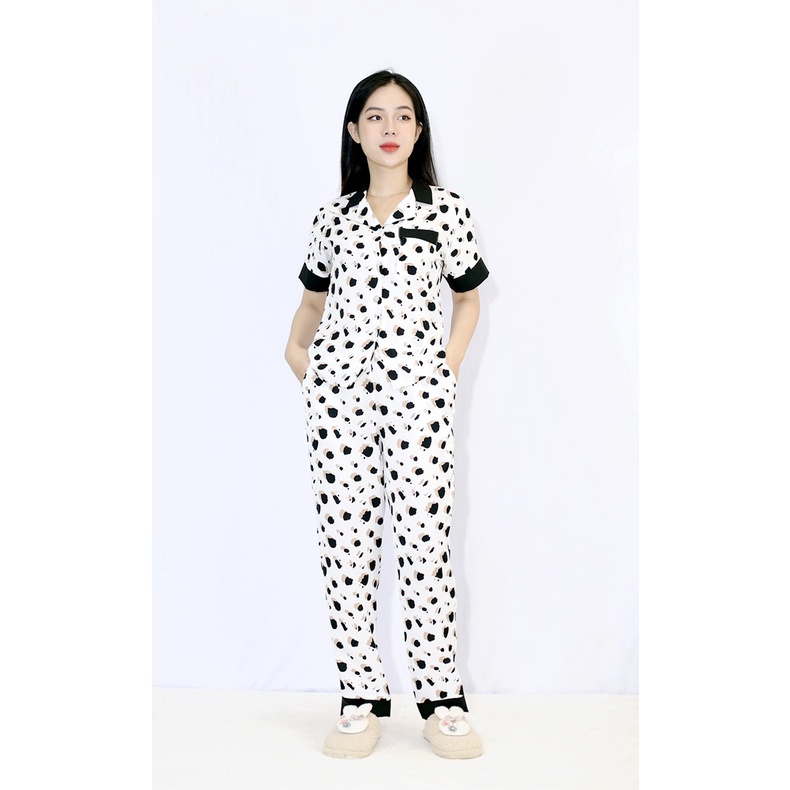 Bộ đồ Pijama nữ quần dài tay ngắn MÀU TRẮNG CHẤM ĐEN PHA CỔ ĐEN - SIÊU XINH - vải lụa COTTON - Cực Kì Sang Chảnh
