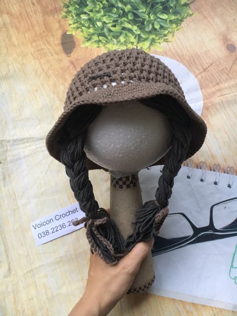 Nón len 2 bính tóc giả cho bé yêu