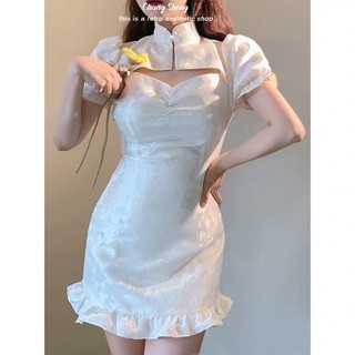 Đầm sườn xám cổ cài đuôi cá màu trắng 40-70kg