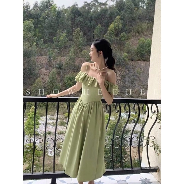 (Có BigSize) Đầm Váy Midi 2 Dây Trễ Vai Bèo