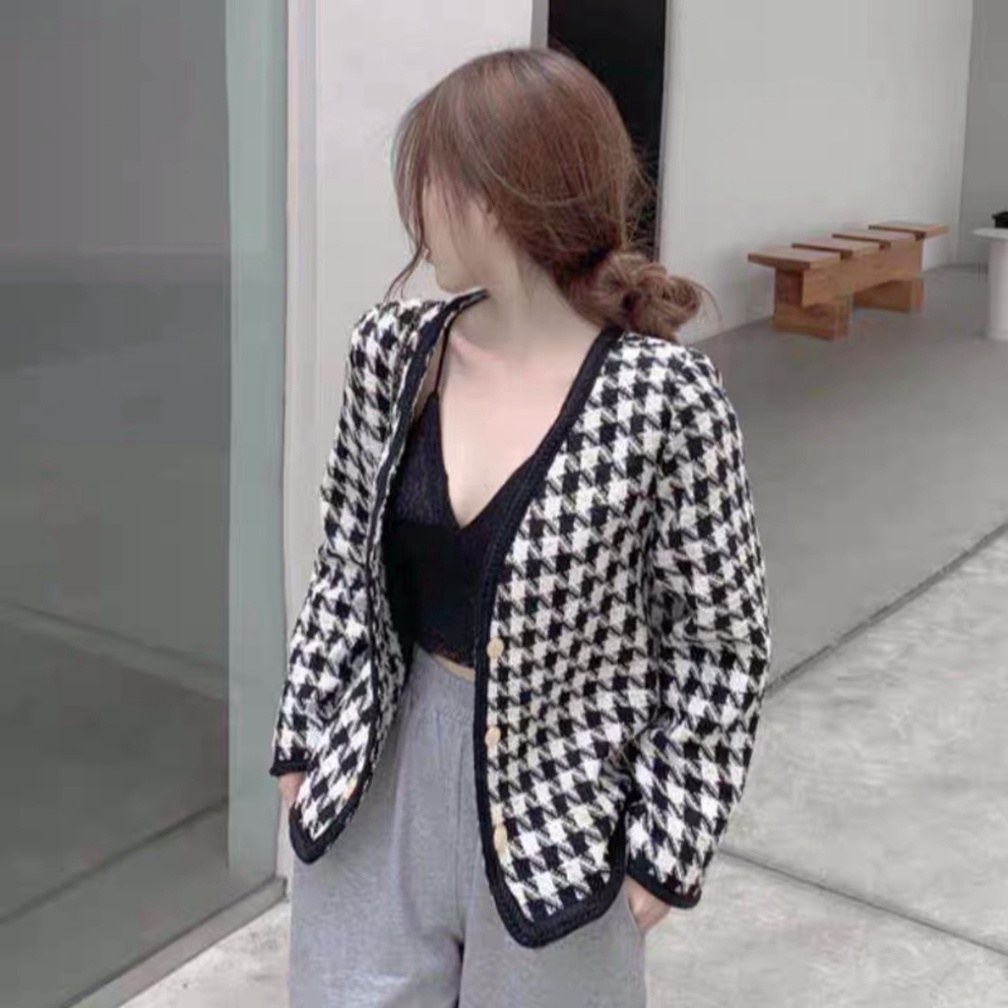 Áo dạ tweed cổ V họa tiết phong cách tiểu thư thu đông 2021_ có VIDEO thật