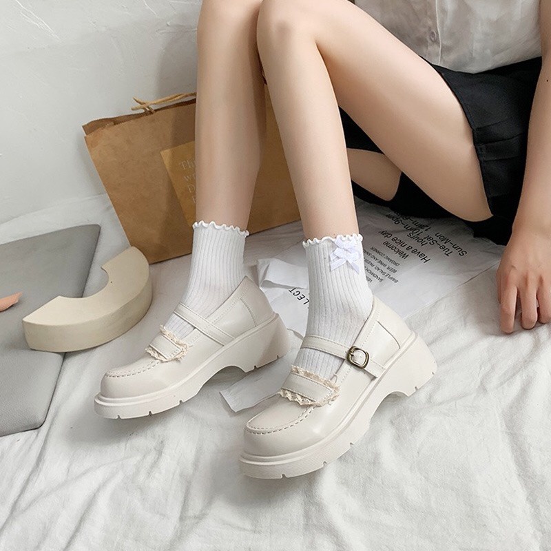 Giày Lolita Nữ Mary Quai Cài Thời Trang Phối Ren Mới Hot  Độn Đế Cao 5cm mã D599