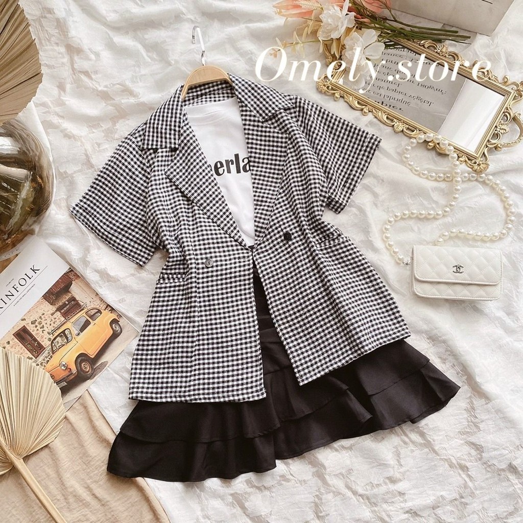 Set 3 Món Gồm Áo Khoác Kẻ và Áo Phồng Trắng Kèm Chân Váy Tầng Đen Siêu Xinh Tiết Kiệm Cho Nữ | BigBuy360 - bigbuy360.vn