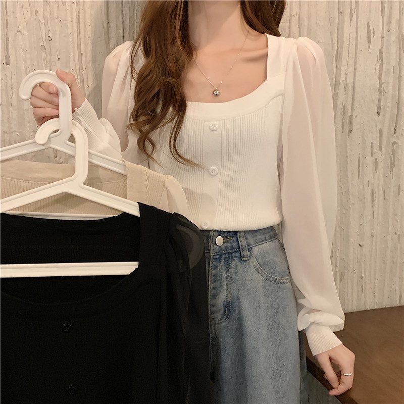 Áo chiffon ZHELIHANGFEI cổ vuông tay phồng thời trang sành điệu dành cho nữ