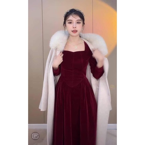 Váy nhung xếp li hông vintage lên dáng cực chuẩn màu đỏ đô