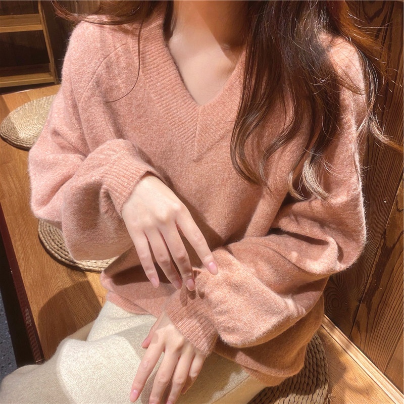 Áo Sweater Dáng Rộng Cổ Chữ V Tay Phồng Kiểu Hàn Quốc Hợp Thời Trang Dành Cho Nữ 2021