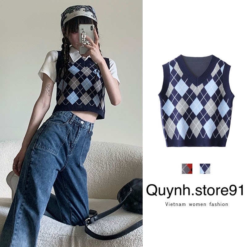 Xiaozhaivn Áo len gile dáng coptop, hoạ tiết trám dáng ngắn phong cách hàn quốc - quynh.store91