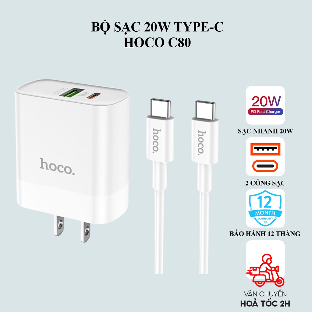 Sạc nhanh samsung Hoco C80 20W có 2 cổng sạc, dây TypeC to TypeC dành cho Android: Samsung, Oppo, Huawei...