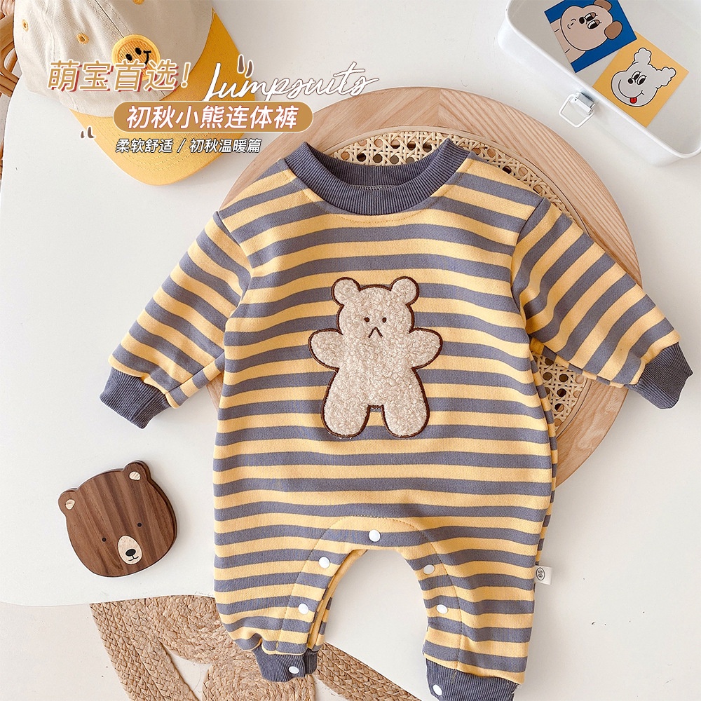 Bộ Áo Liền Quần Tay Dài Kẻ Sọc In Hình Gấu Dễ Thương Thời Trang Mùa Thu Cho Bé Sơ Sinh 0-24 Tháng Tuổi