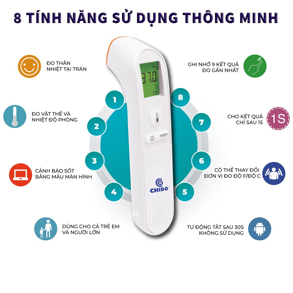 Nhiệt kế hồng ngoại cầm tay Chido 2022 CN Nhật Bản theo dõi nhiệt độ cơ thể nước đo tai đo trán chính xác