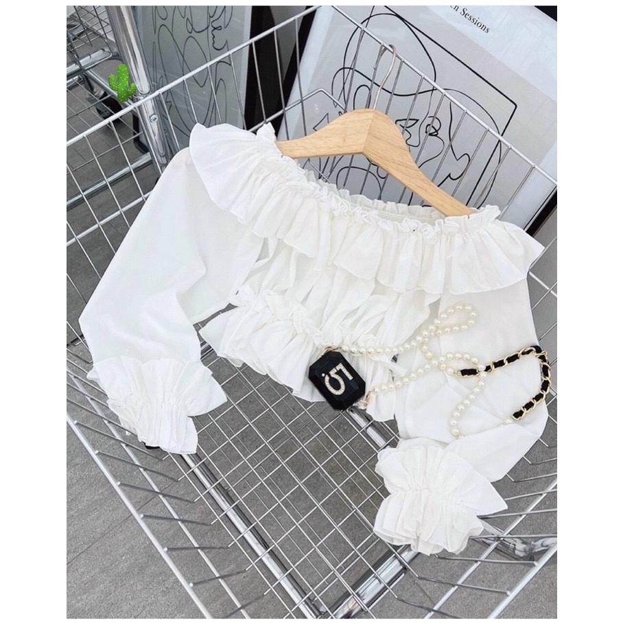 Áo bẹt vai nhún bèo 2 tầng tay phồng dài màu trắng tinh khôi thời trang peplum cổ điển đáng yêu gợi cảm PC