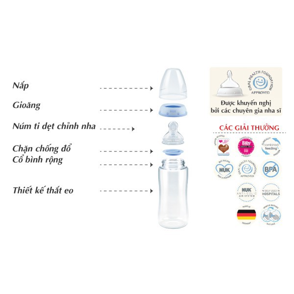 (Chính hãng) Bình sữa NUK thủy tinh núm ti Silicone 120ml 240ml