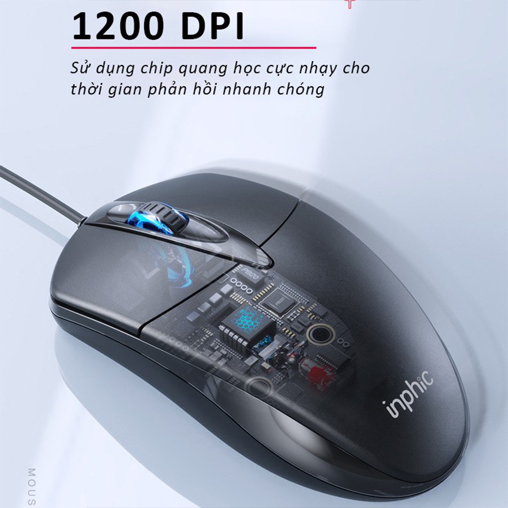 Chuột máy tính có dây văn phòng gaming Inphic P20 giá rẻ Silent tắt âm chống ồn DPI 1200 chơi game cho vi tính laptop