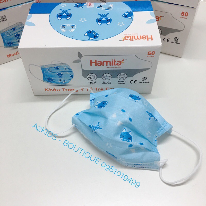 Khẩu Trang Y Tế 3 Lớp Kháng Khuẩn Cao Cấp Hàn Quốc Hamita Hoạ Tiết Mèo Con An Toàn Cho Bé