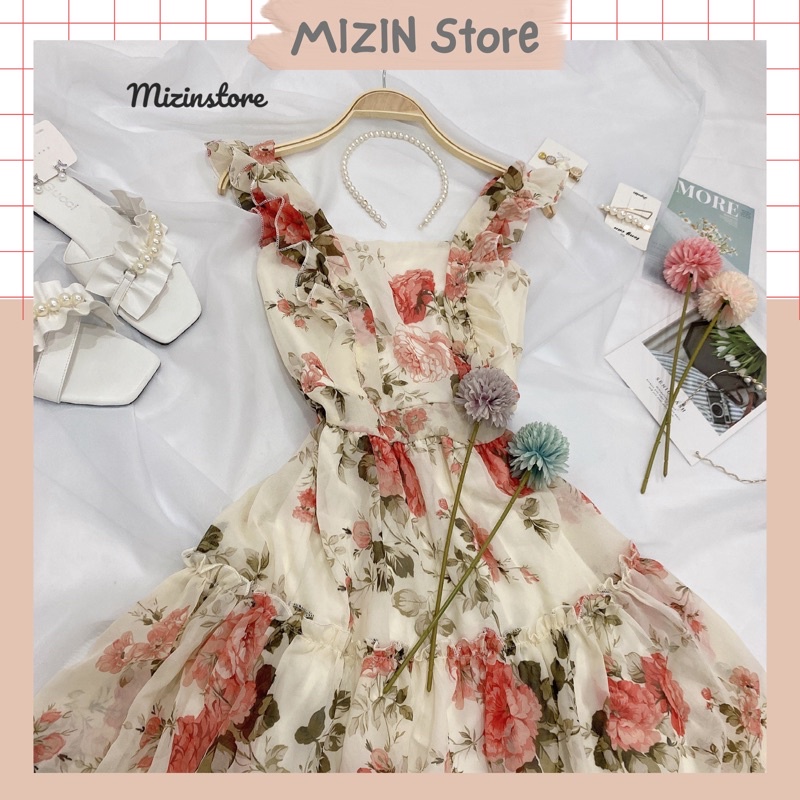 Đầm hoa cánh tiên - váy hoa hai dây dáng dài chất voan lụa tiểu thư - MIZINSTORE
