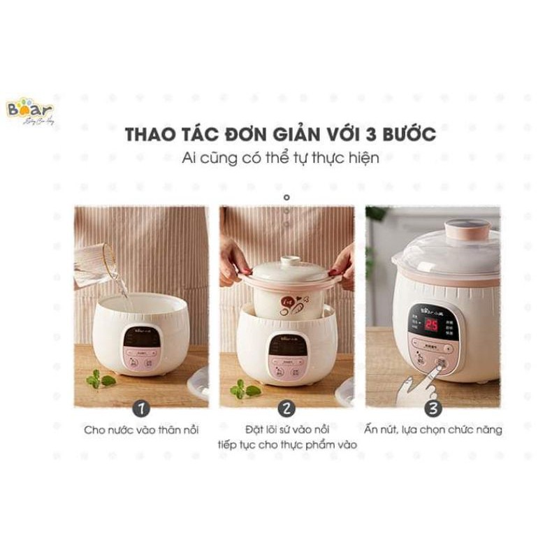 (Bản quốc tế) Nồi nấu cháo chậm. ninh, hầm kèm lồng hấp tiện dụng thương hiêu Bear