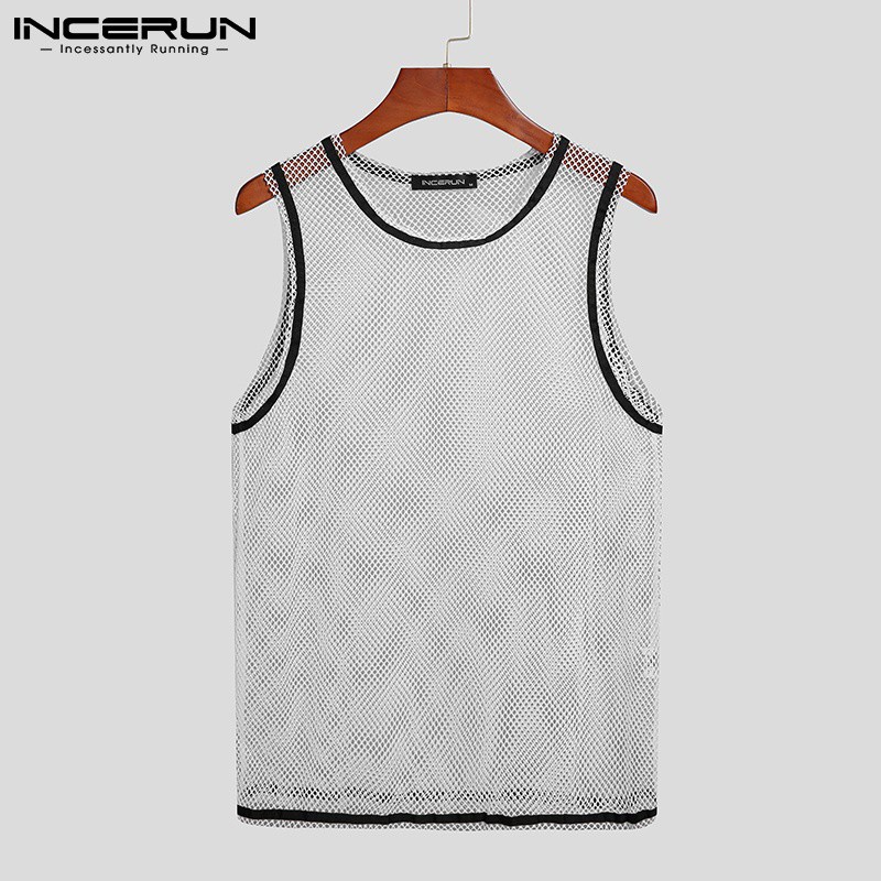 Áo lưới INCERUN sát nách rỗng cổ tròn xuyên thấu cổ tròn