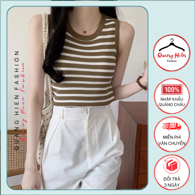 Áo sát nách nữ Quảng Châu len dệt kim kẻ ngang cổ yếm croptop freesize MS735