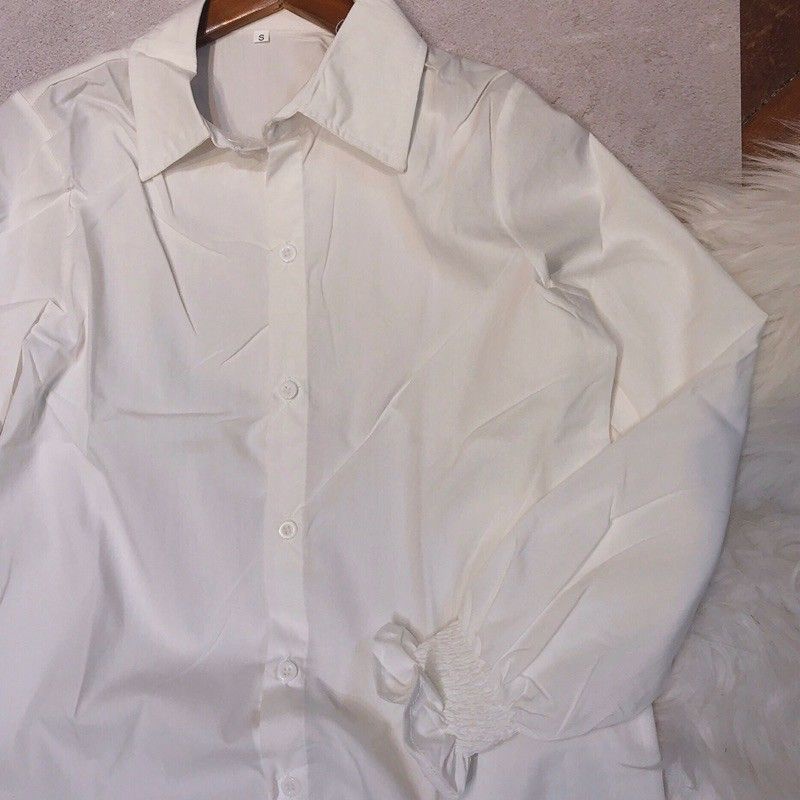 Áo sơ mi nữ trắng đi học tay dài bo nhúm cổ bẻ basic form rộng vừa - Sơ mi đi học sinh nữ trắng tay dài 002