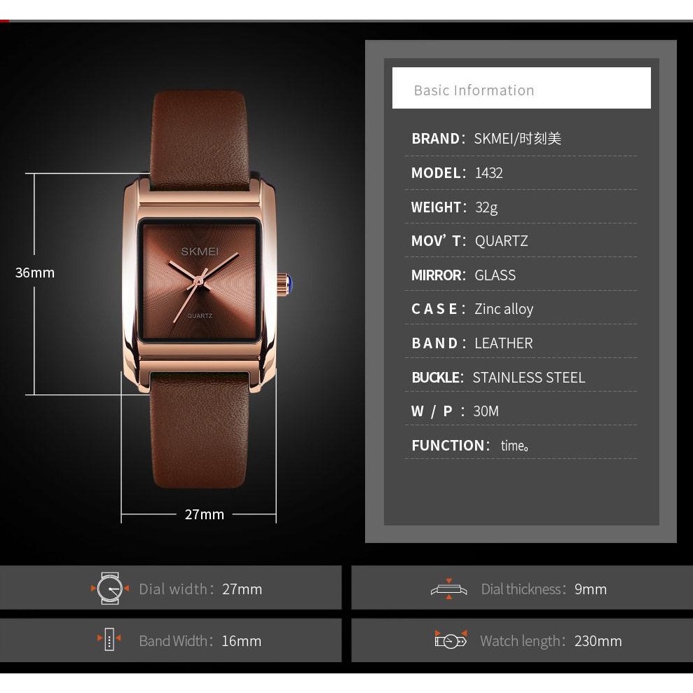 Đồng Hồ Nữ SKMEI mặt vuông dây da, cá tính