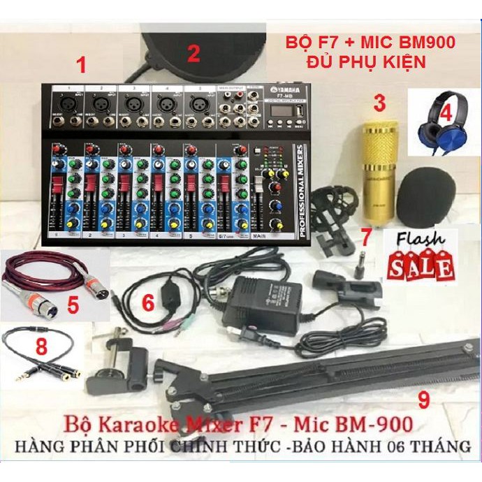 Mixer Yamaha F7, Hát Livestream Karaoke Bluetooth Và Mic BM900 Mic AQ220 Mic AT100 - Tặng Tai Nghe