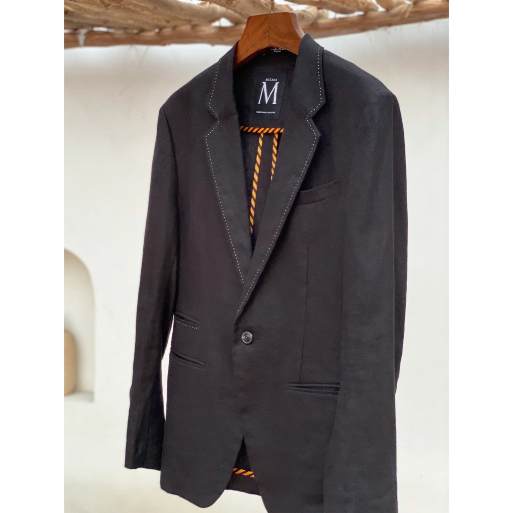 Áo khoác blazer nam linen đen lót viền