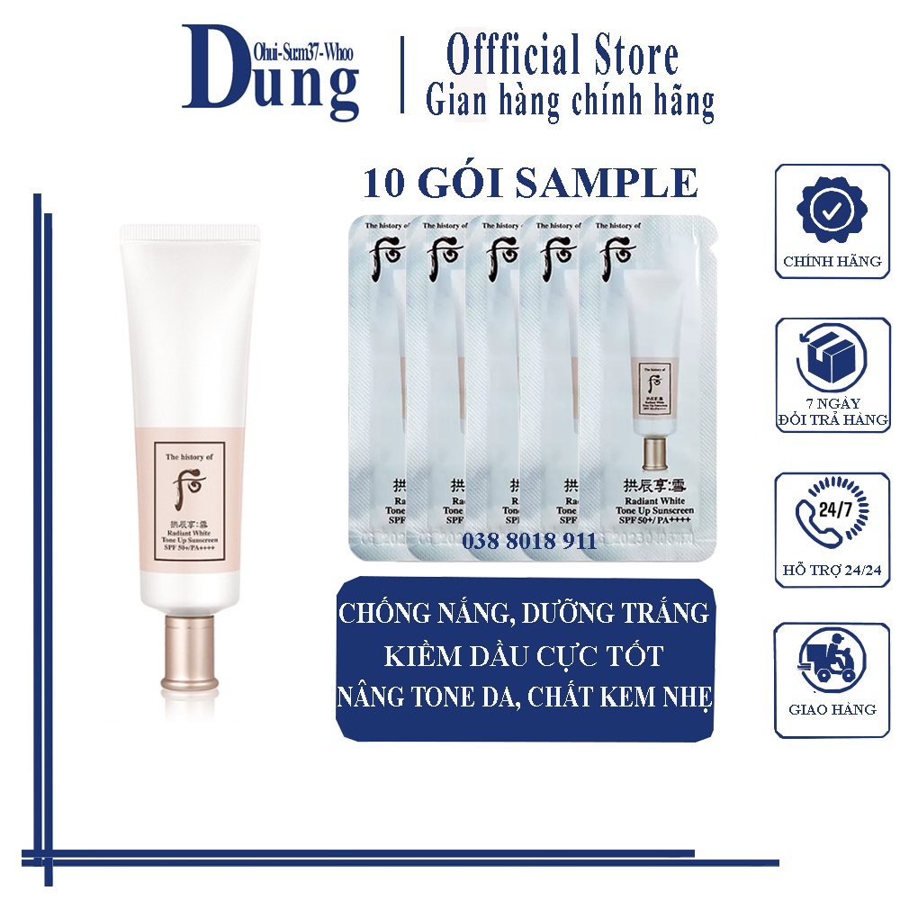Combo 10 Gói Kem Chống Nắng Dưỡng Trắng Nâng Tone Da Trắng Hồng Whoo Radiant White Tone Up Sunscreen 1mlx10